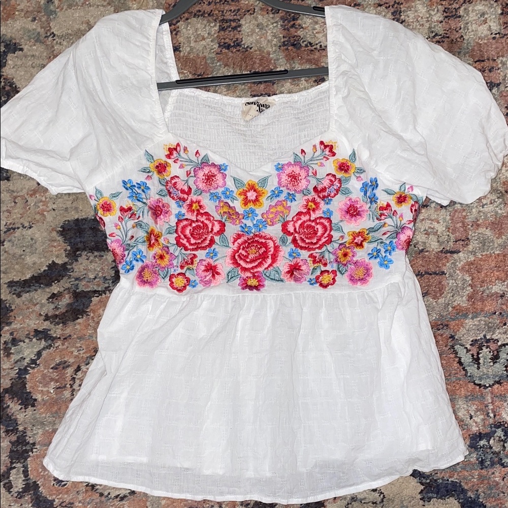 Savanna Jane White Peasant Top with Multicolor Floral Embroidery